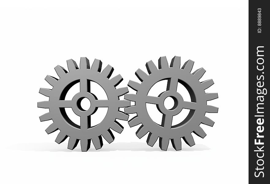 Two gray gears linked together, white background.  Computer-generated image. Two gray gears linked together, white background.  Computer-generated image.