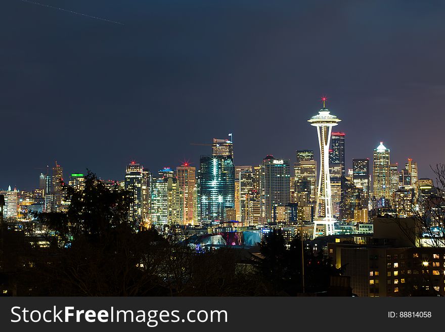 A panoramic view of Seattle by night.