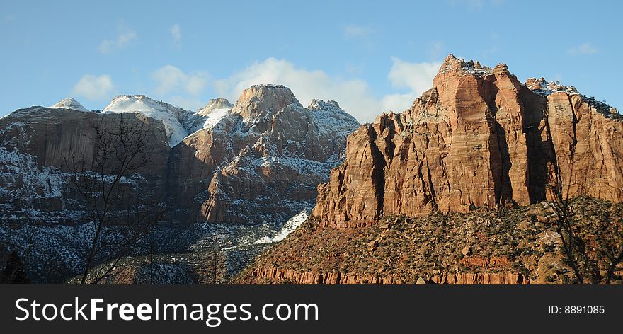 Snow, red rocks. Zion National Park, Cold country awesome scenery- Southern Utah- blue skies, canyon, cliff, icicle, Christmas 2008. Snow, red rocks. Zion National Park, Cold country awesome scenery- Southern Utah- blue skies, canyon, cliff, icicle, Christmas 2008