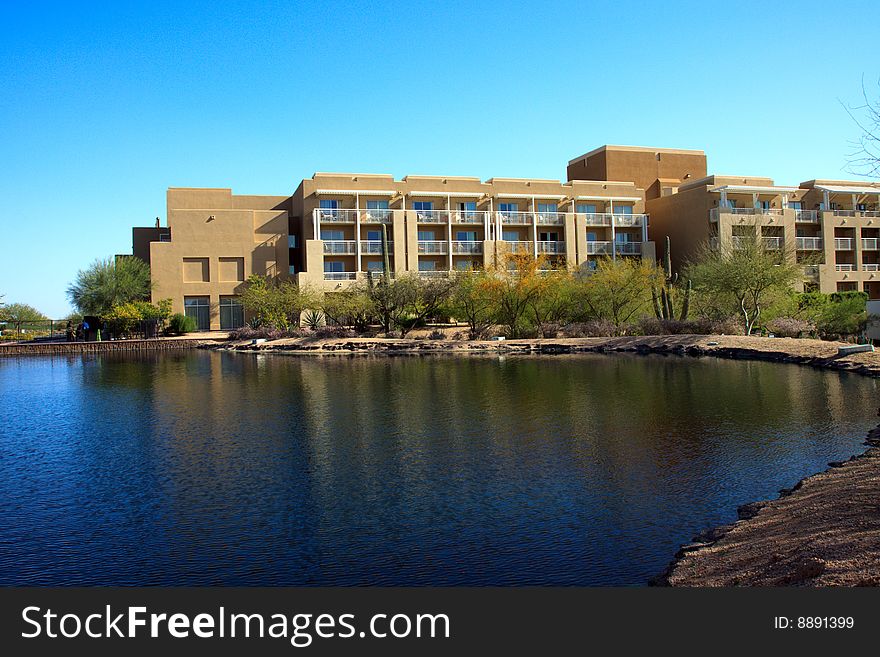 Resort hotel in the desert with a man made lake in front