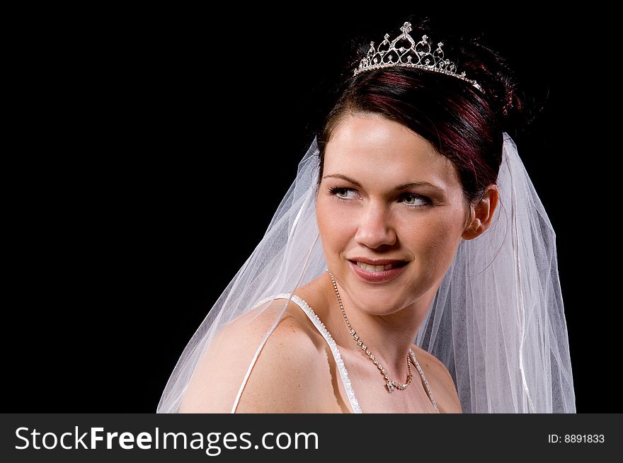 White Bride at her wedding posing with veil
