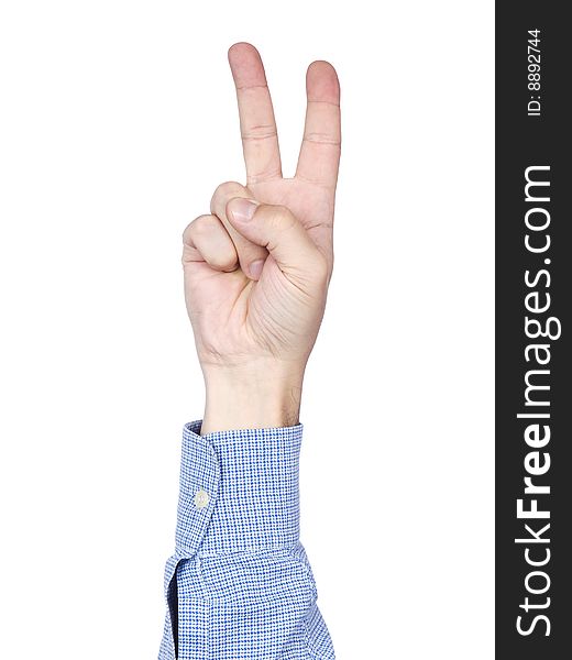 A man's hand doing number 2 gesture, isolated on white background.