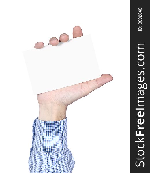 Blank card in human hand, isolated on white.