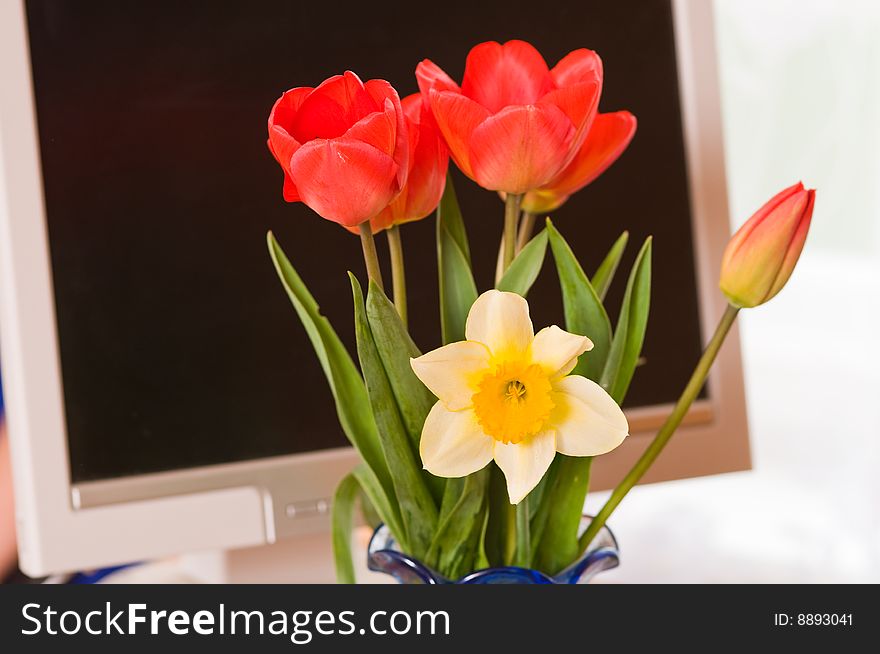 Spring bouquet on a desktop against the monitor from the computer. Spring bouquet on a desktop against the monitor from the computer.