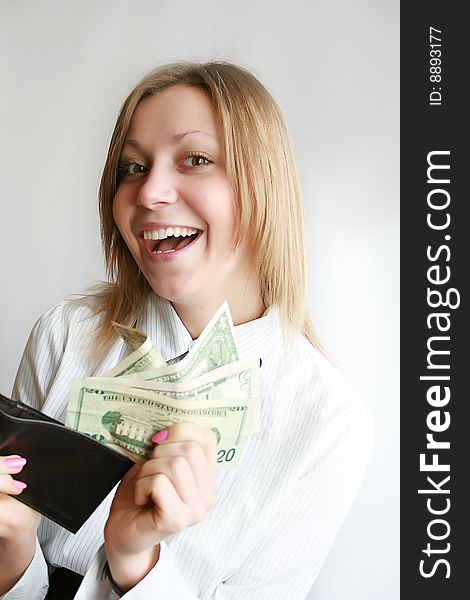 Young business woman, showing money