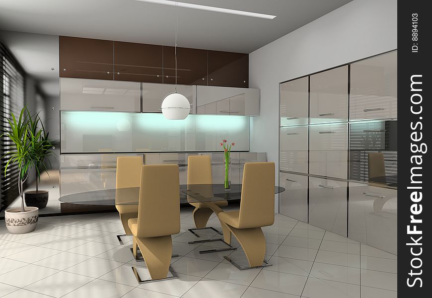 Modern interior of a dining room 3D