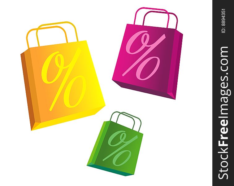 Illustration of three multicolor shopping bags with percent print