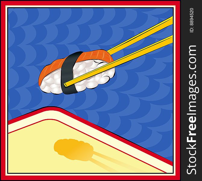 Chopsticks hold a nigiri (type of sushi)