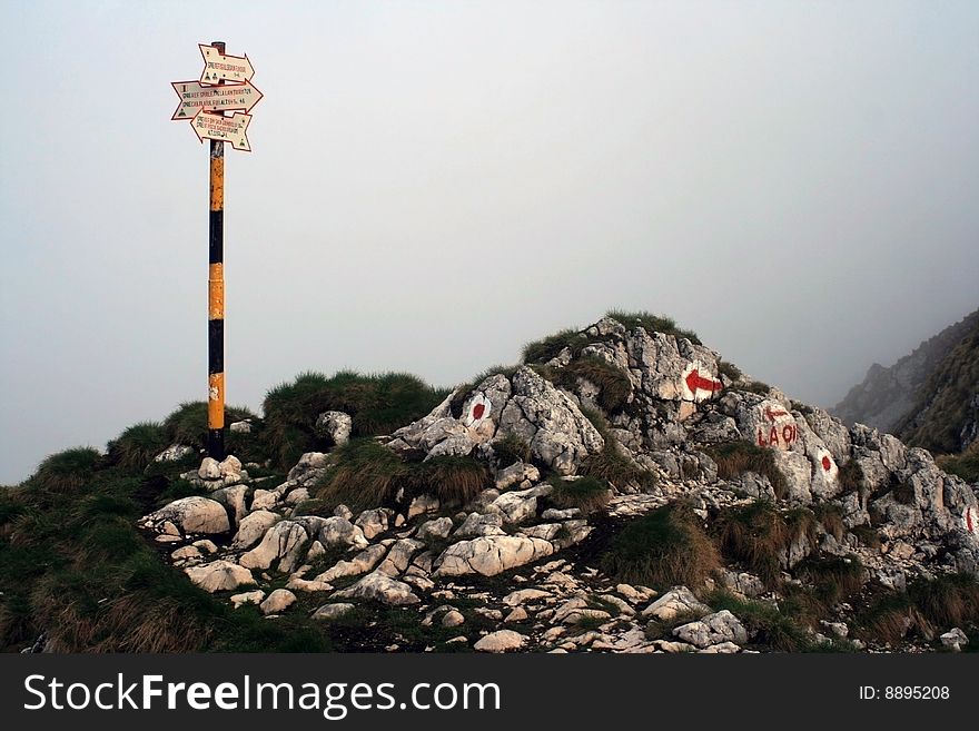 Direction signs right on top in Carpathian Mountains. Direction signs right on top in Carpathian Mountains