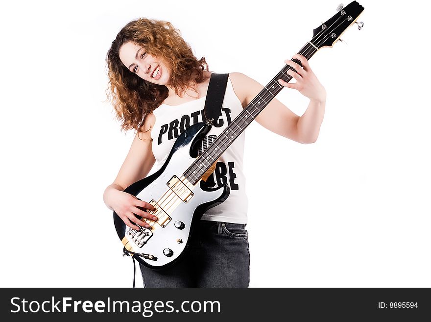 Young female bass guitar player specially isolated on white. Young female bass guitar player specially isolated on white