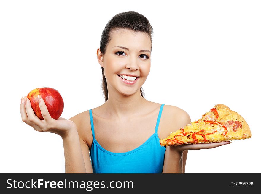 Young woman with pizza and red apple