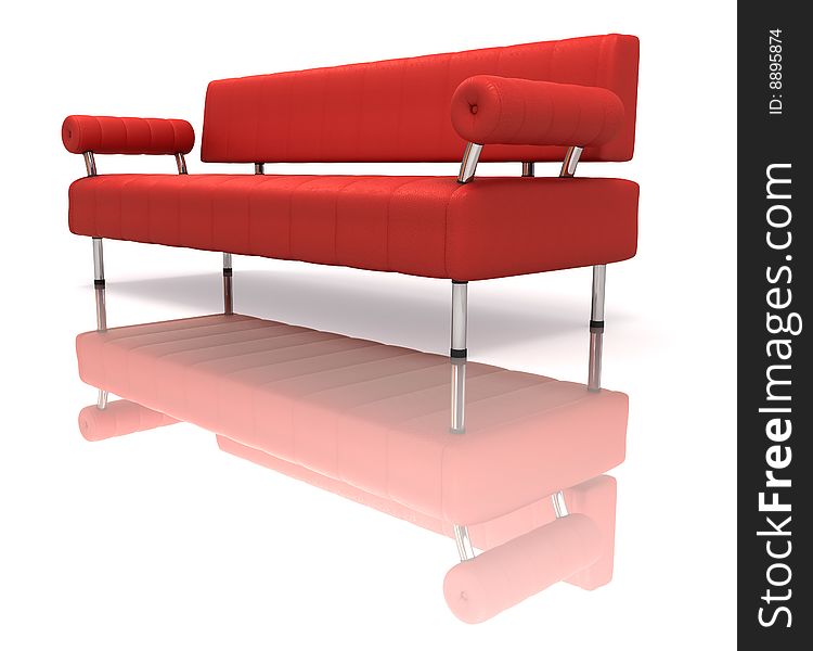 Red sofa with mirror on white back