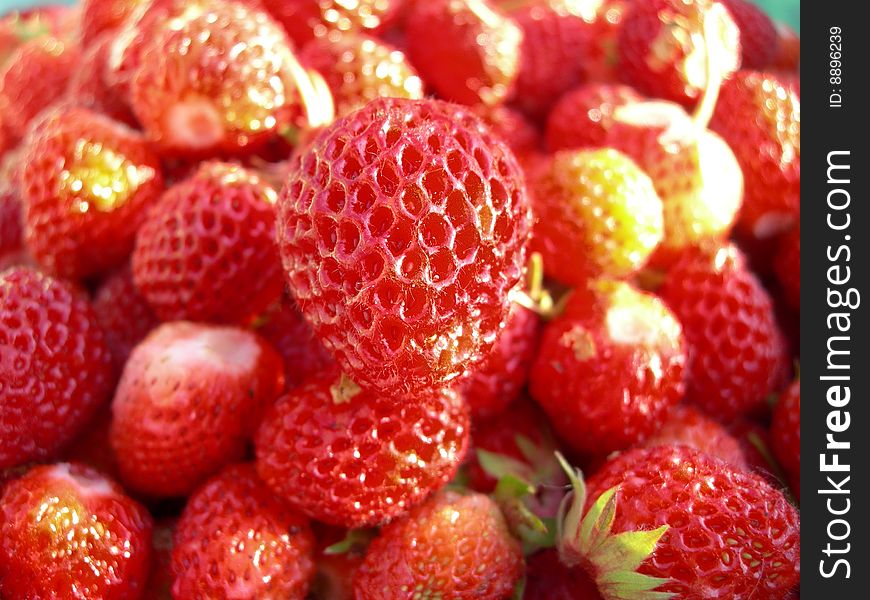 Basket with a strawberry, one berry on a background of the others. Macro