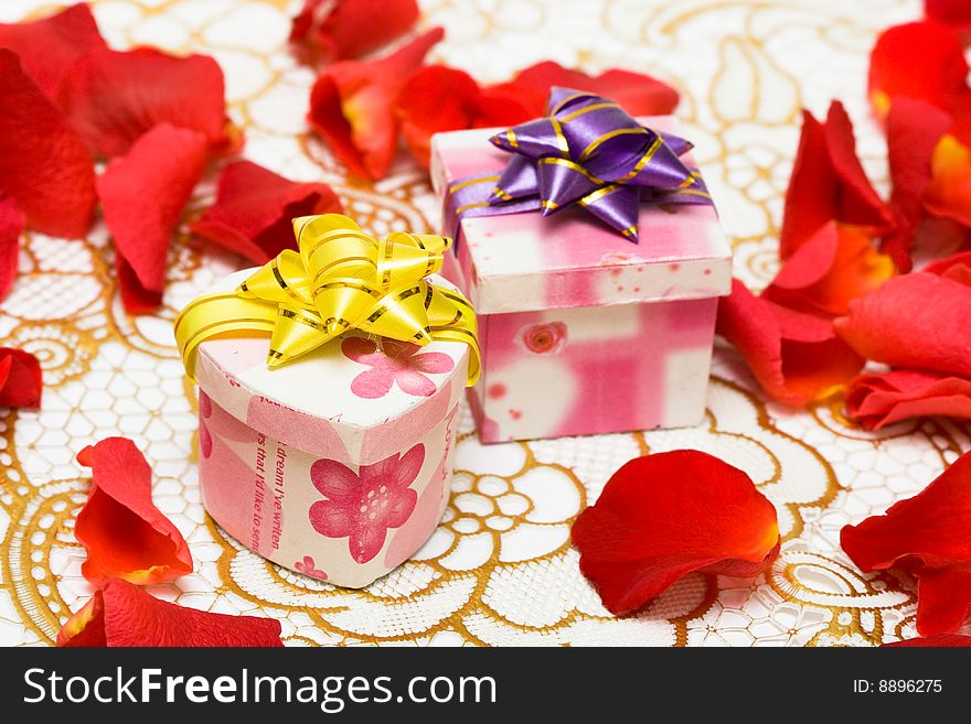 Gift boxes with rose petals