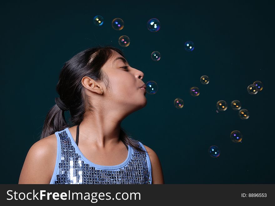 Girl blowing lot many soap bubble. Girl blowing lot many soap bubble
