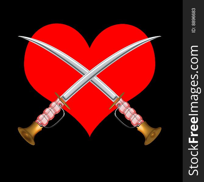 Two sword cross attached with red heartine illustration with clipping path. Two sword cross attached with red heartine illustration with clipping path