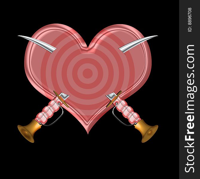 Two sword cross attached with red hearten illustration with clipping path. Two sword cross attached with red hearten illustration with clipping path