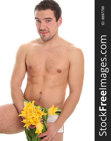 young man with yellow tulips. young man with yellow tulips