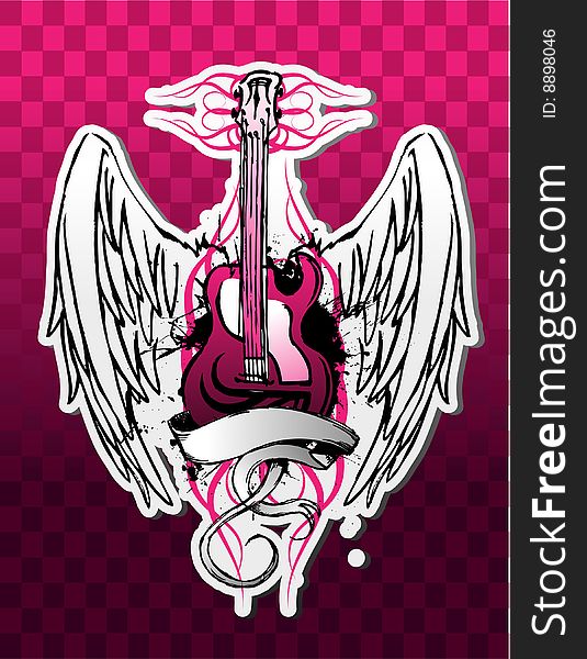 Grunge drawing of an electric guitar with wings and a scroll over a pink background. Grunge drawing of an electric guitar with wings and a scroll over a pink background.