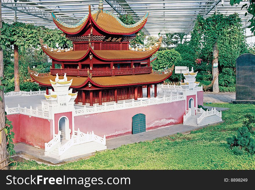 Chinese ancient building,model of traditional building. it lies in hunan of China. Chinese on the board is Yueyang floor.