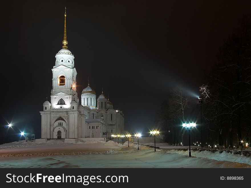 The Dormition Cathedral Bell Tower. Vladimir. Russia. Winter night view