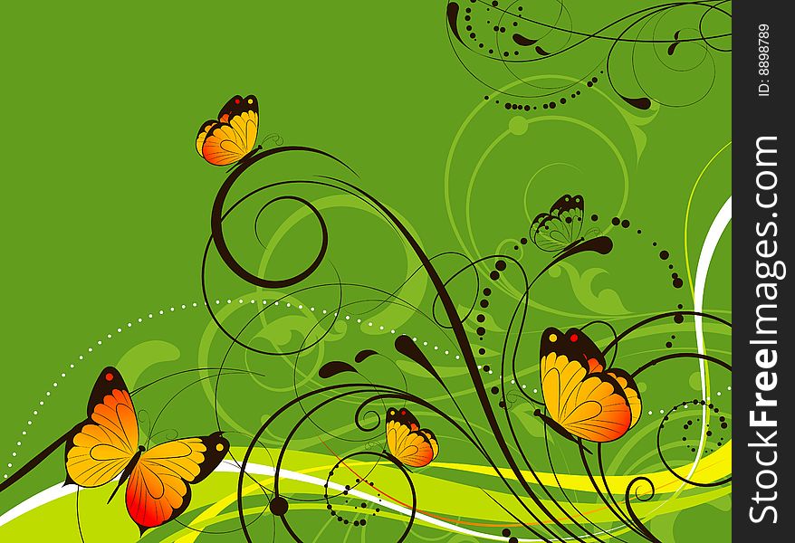 Floral Abstract Background With Butterflies..