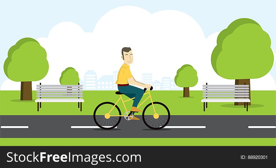 Active young man riding on bicycle.