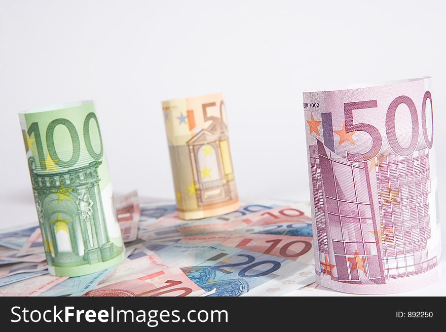 Rolled european papermoney on white background. Rolled european papermoney on white background