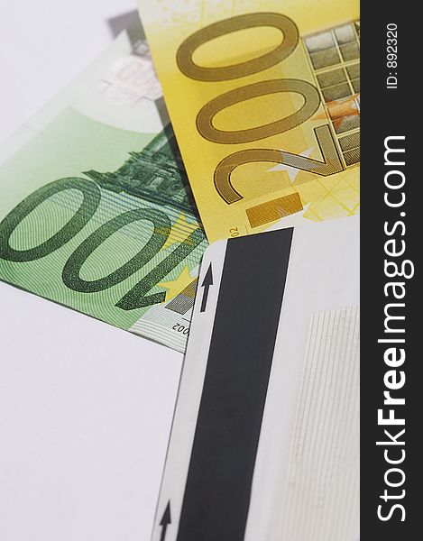 European papermoney and a credit-card on white background