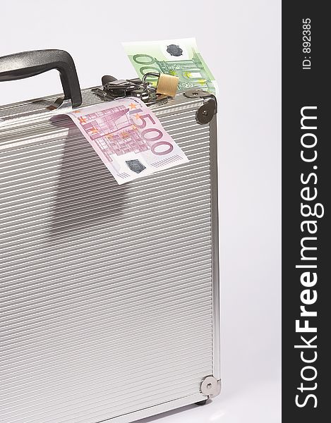 Aluminium suitcase filled with european papermoney. Aluminium suitcase filled with european papermoney
