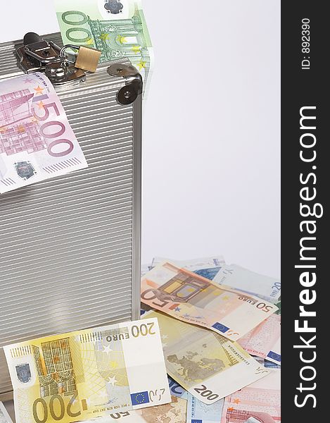 Aluminium suitcase filled with european papermoney. Aluminium suitcase filled with european papermoney