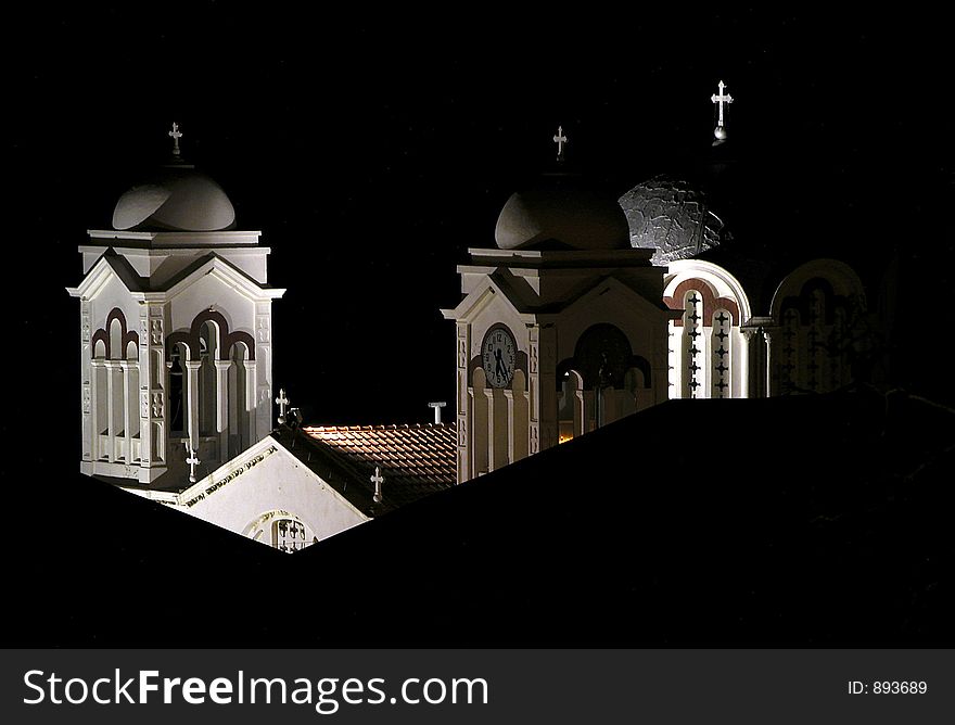 NightView of Church towers . Church is located at the village of Pedoulas , CYPRUS