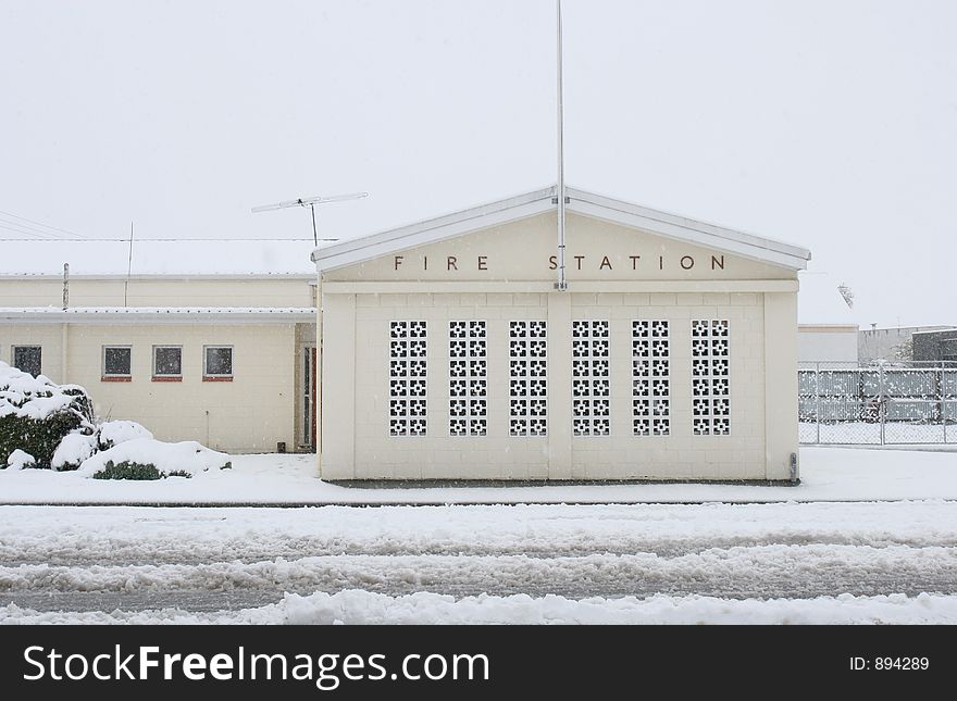 Rural Fire Station In Snowstorm
