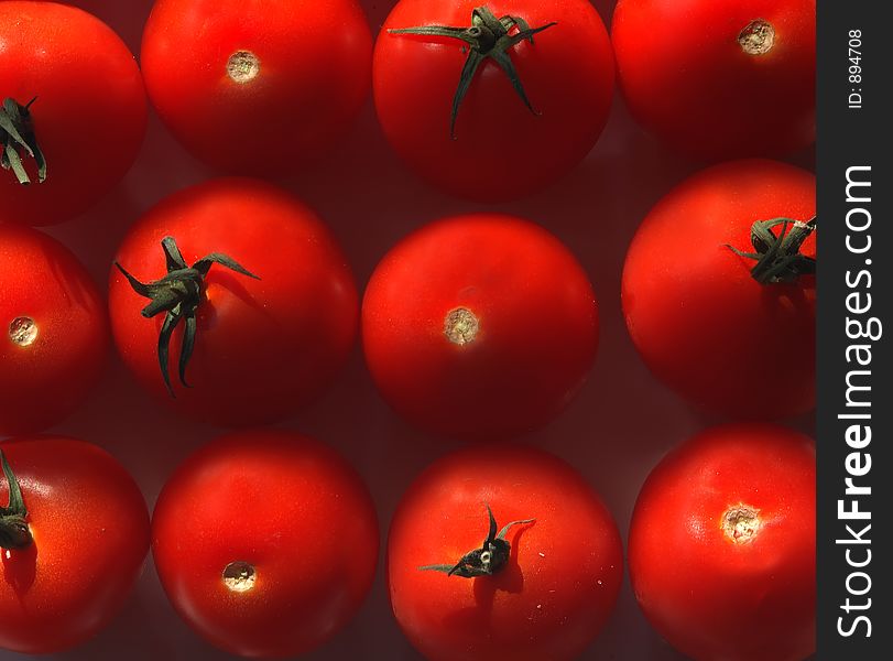 Rows of medium ripe tomatos - close up. Rows of medium ripe tomatos - close up