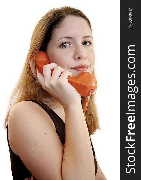 Woman listening and smiling on the phone. Woman listening and smiling on the phone