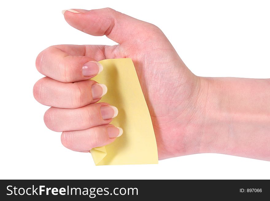 Woman Hand Holding Yellow Post-It. Woman Hand Holding Yellow Post-It
