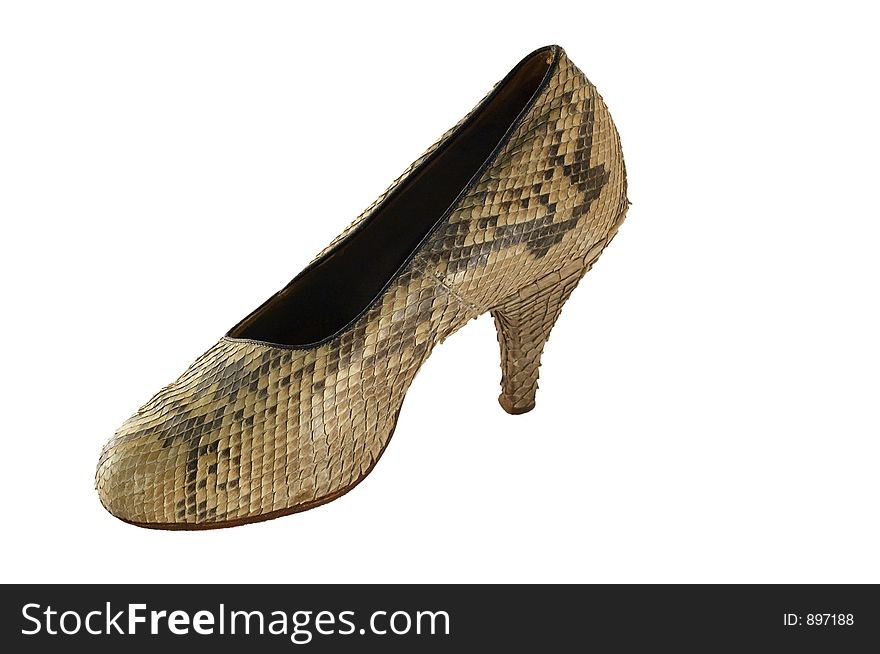 Snake leather footware from around 1930, isolated on white and clipping path included. Snake leather footware from around 1930, isolated on white and clipping path included.