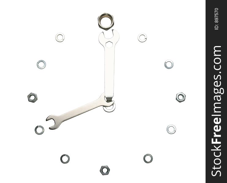 Wrenches, nuts, isolated on white, made in a form of a clock. Wrenches, nuts, isolated on white, made in a form of a clock