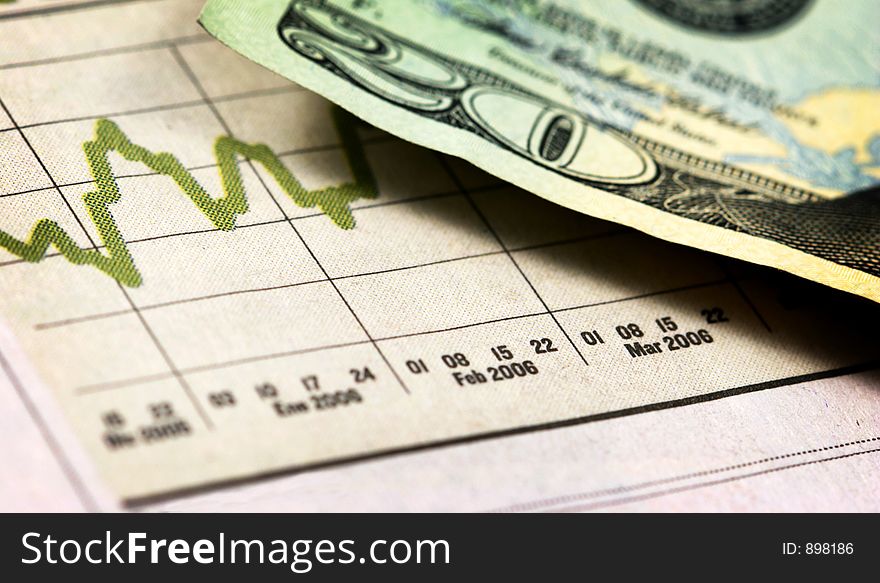 Closeup view of a twenty dollar bill and graph with shallow depth of field with aged colors. Closeup view of a twenty dollar bill and graph with shallow depth of field with aged colors