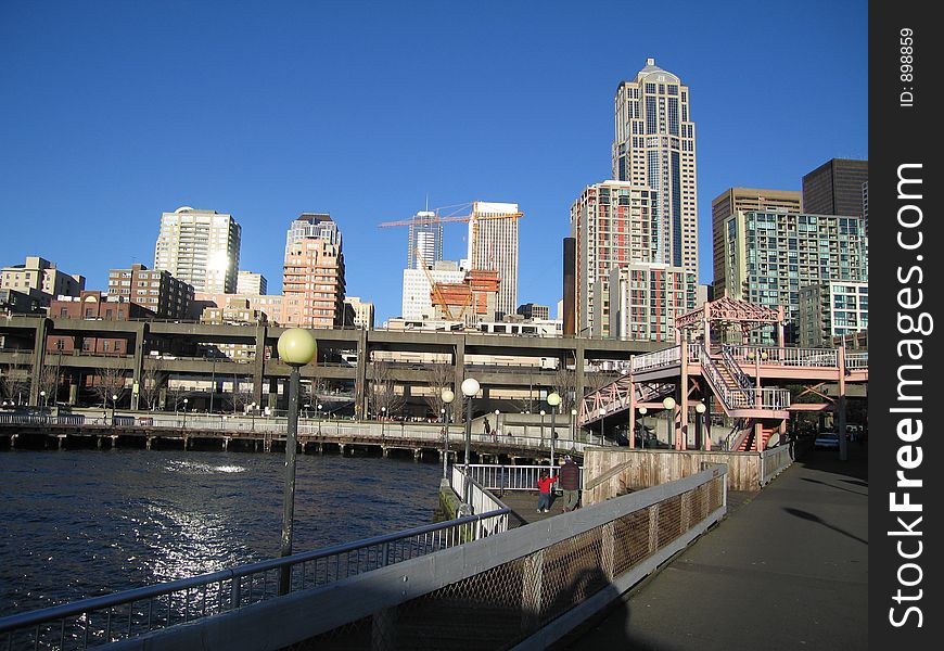 Seattle Waterfront And Double Dekker Highway