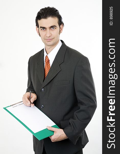 Salesman holding a clipboard. Sign here please