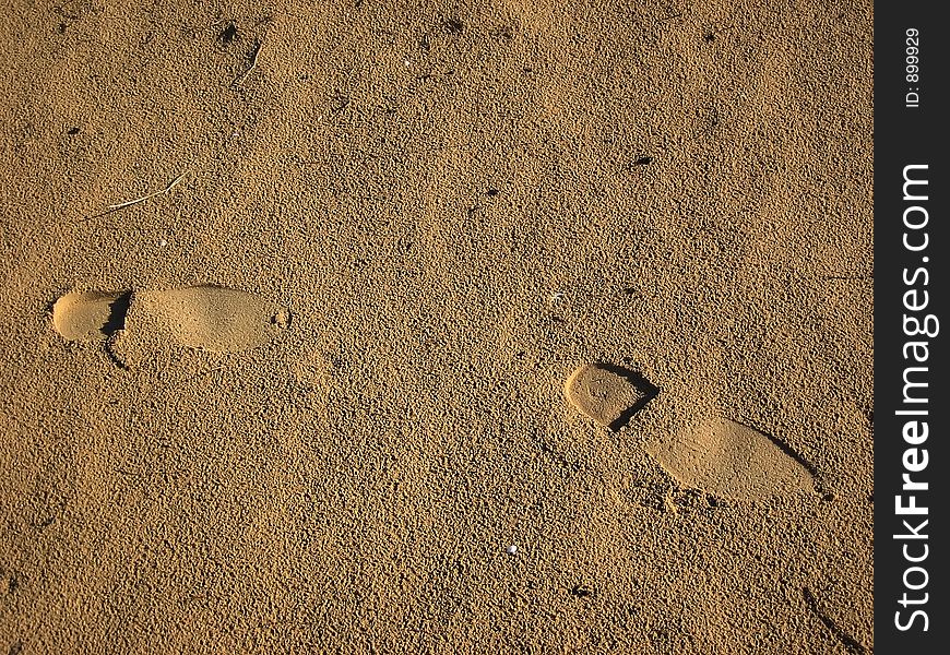 Footprints on a sandy beach.