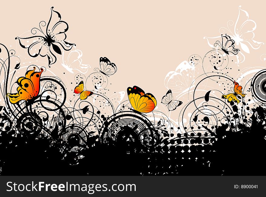 Floral Abstract Background With Butterflies.