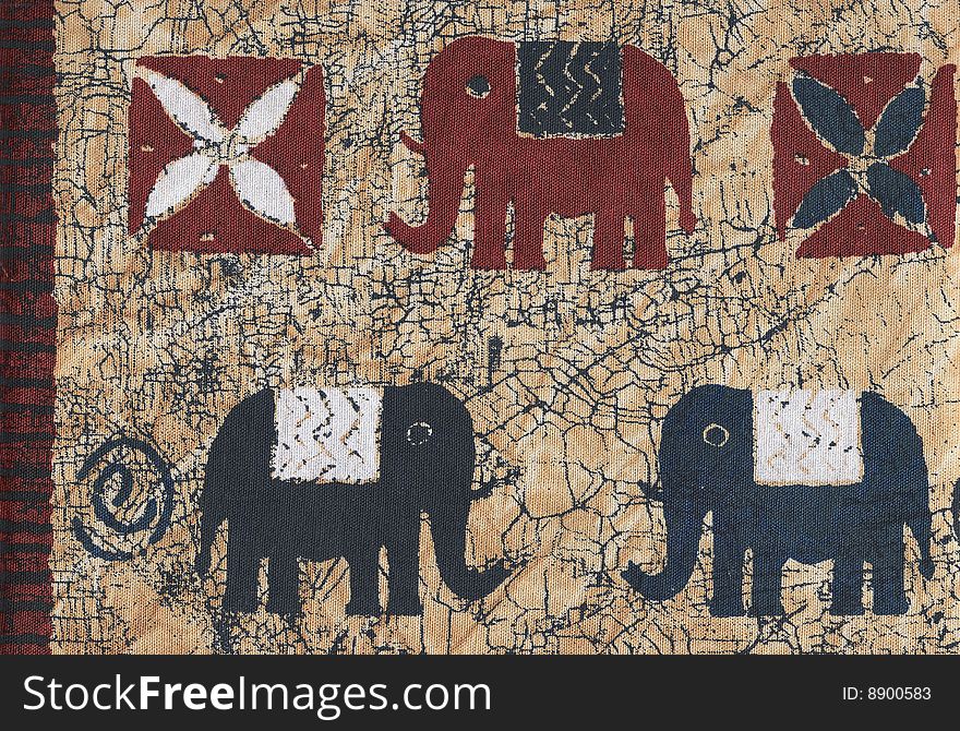 Elephant and traditional african motifs painted on rugged textile. Elephant and traditional african motifs painted on rugged textile.