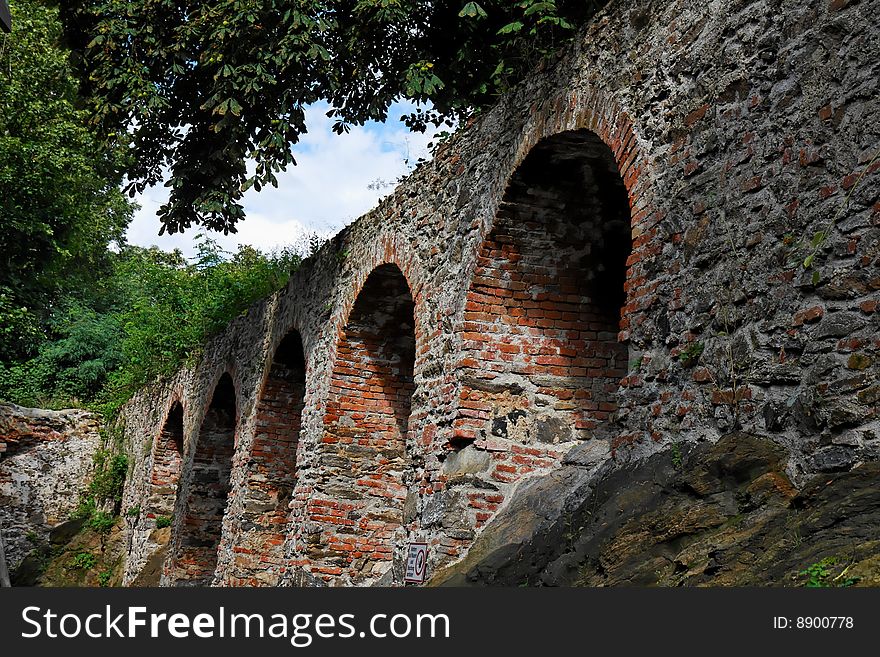 Red brick arches of medieval castle in Schallaburg, Austria