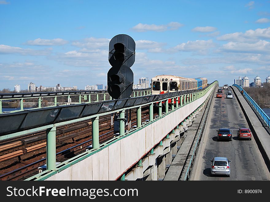 Subway and automobile bridge cross the river. Subway and automobile bridge cross the river