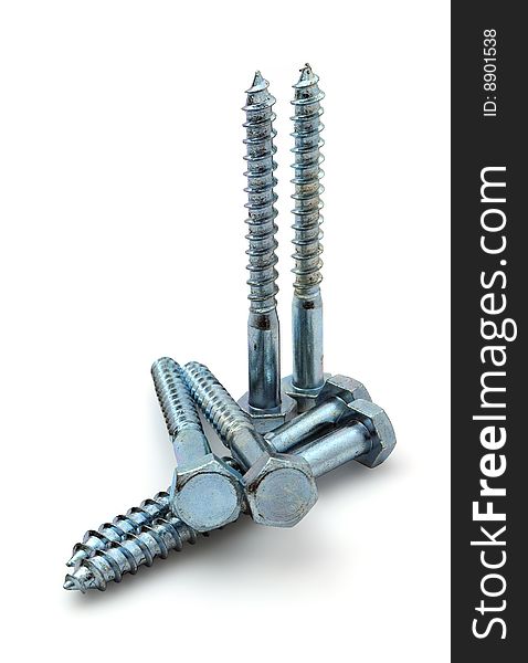 Six brilliant metal screws on a white background