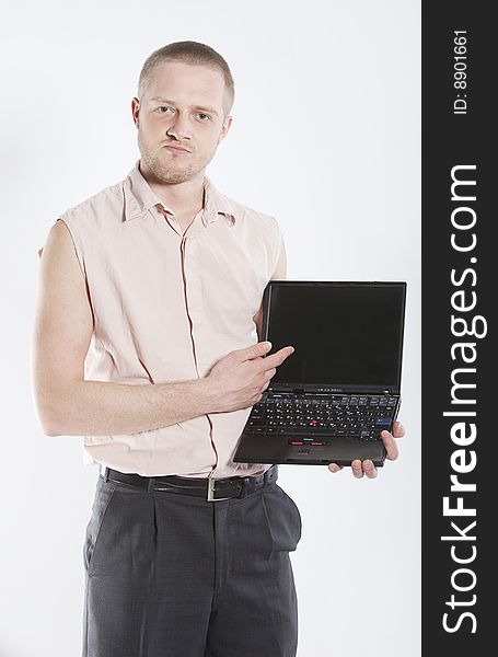Unhappy man with notebook