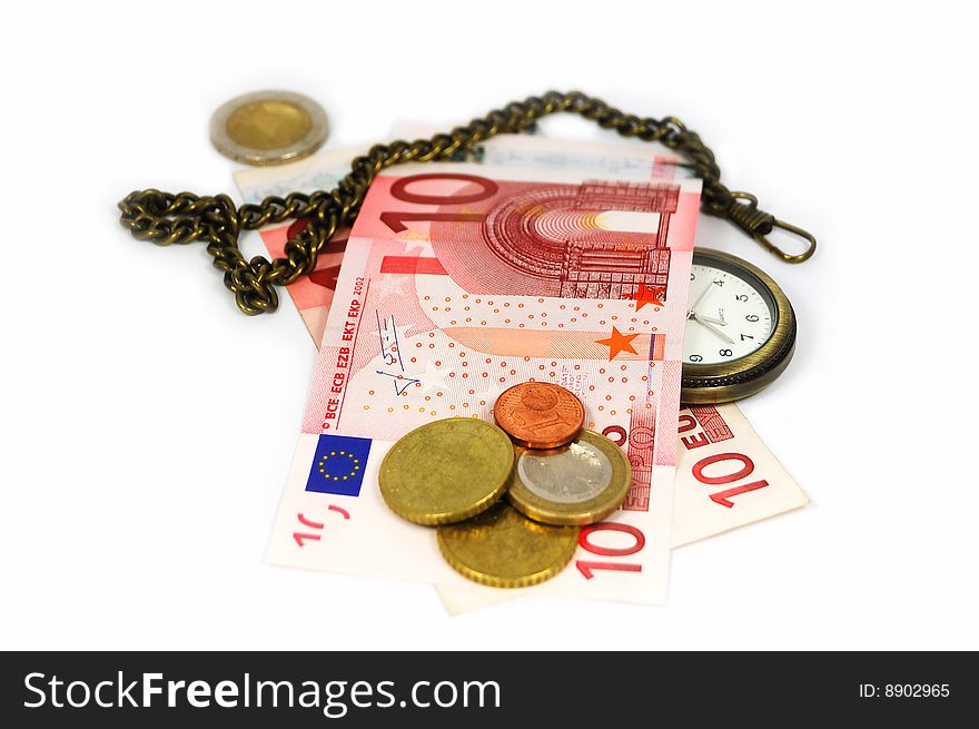 Pocket watch among coins and banknotes isolated on white. Time is money concept.