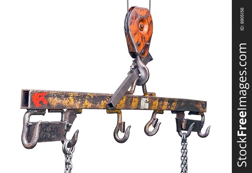 Lifting mechanism with hooks and chains on a white background